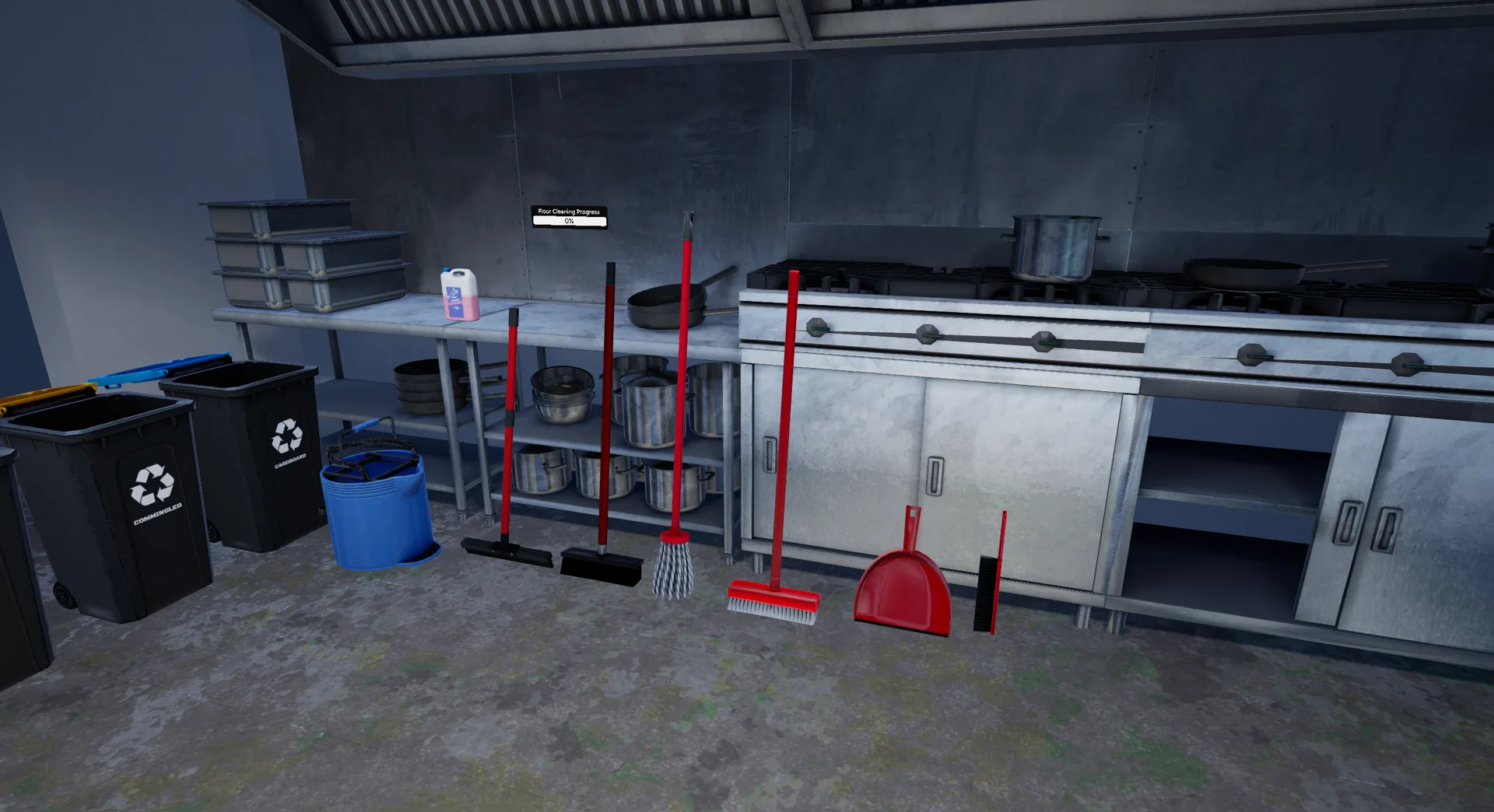 VR workplace cleaning tools and equipment inside the commercial kitchen