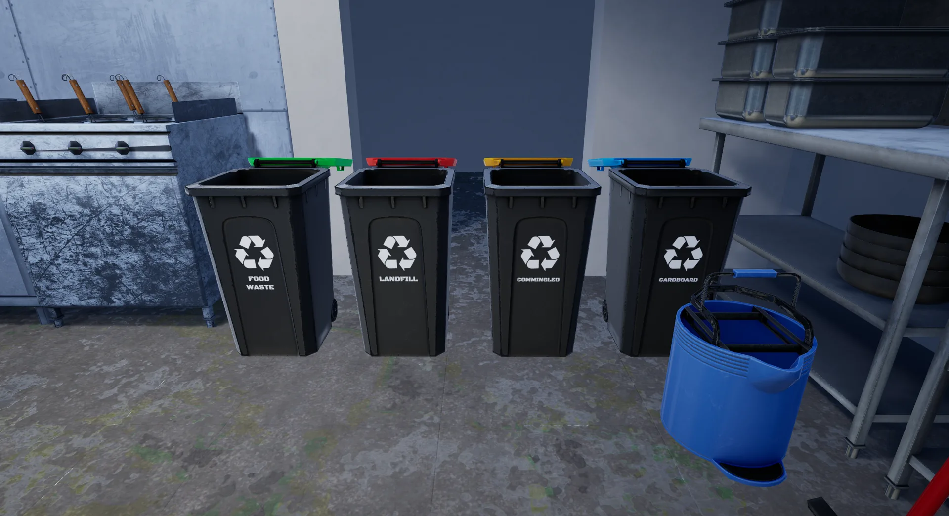 Four waste-sorting bins used by the VR procedural assessment